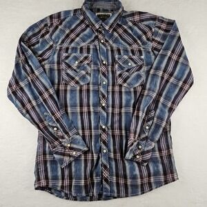 *Rd BKE Vintage Shirt Mens Large Blue Purple Plaid Pearl Snap Buckle Long Sleeve